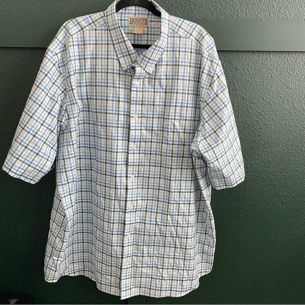 3XLT Duluth Trading Co. Short Sleeve Button-down White Green Blue Plaid Pattern